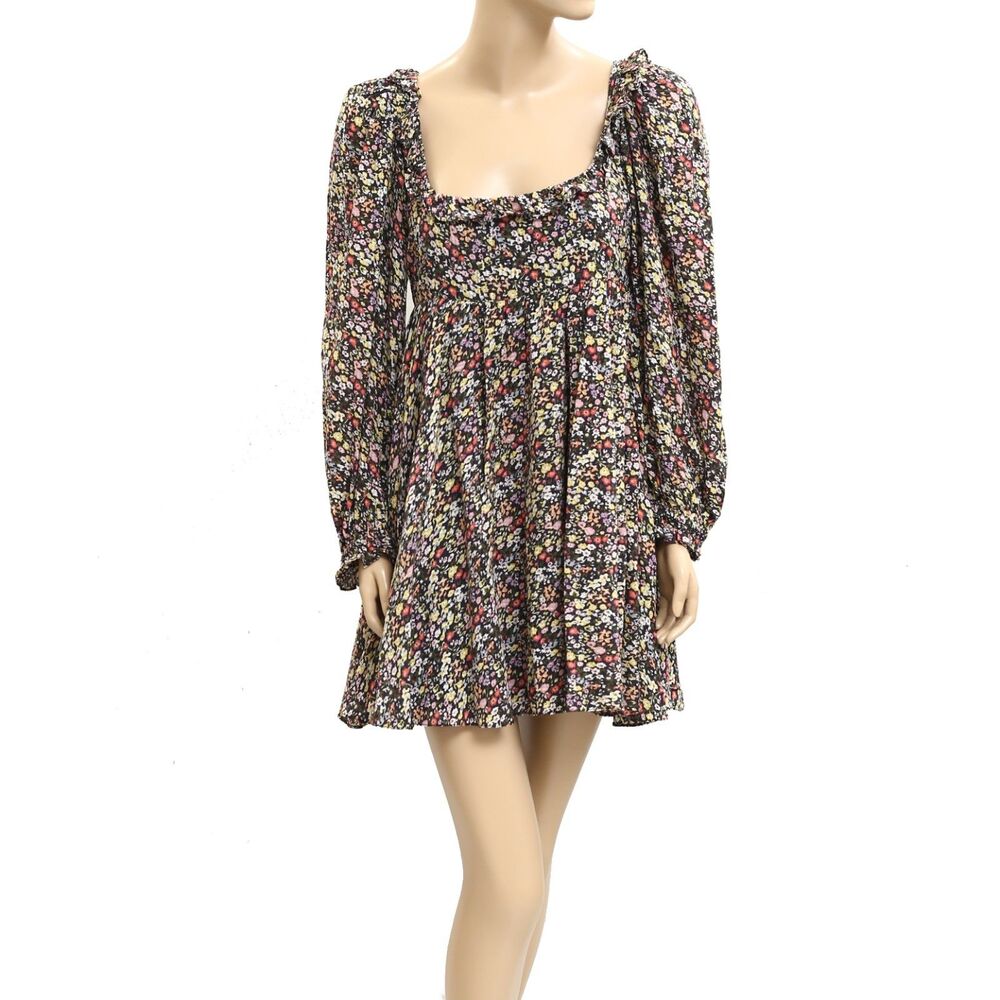 Saylor Anthropologie Black Floral Printed Mini Dress Ruffle Puff Sleeve S 282418